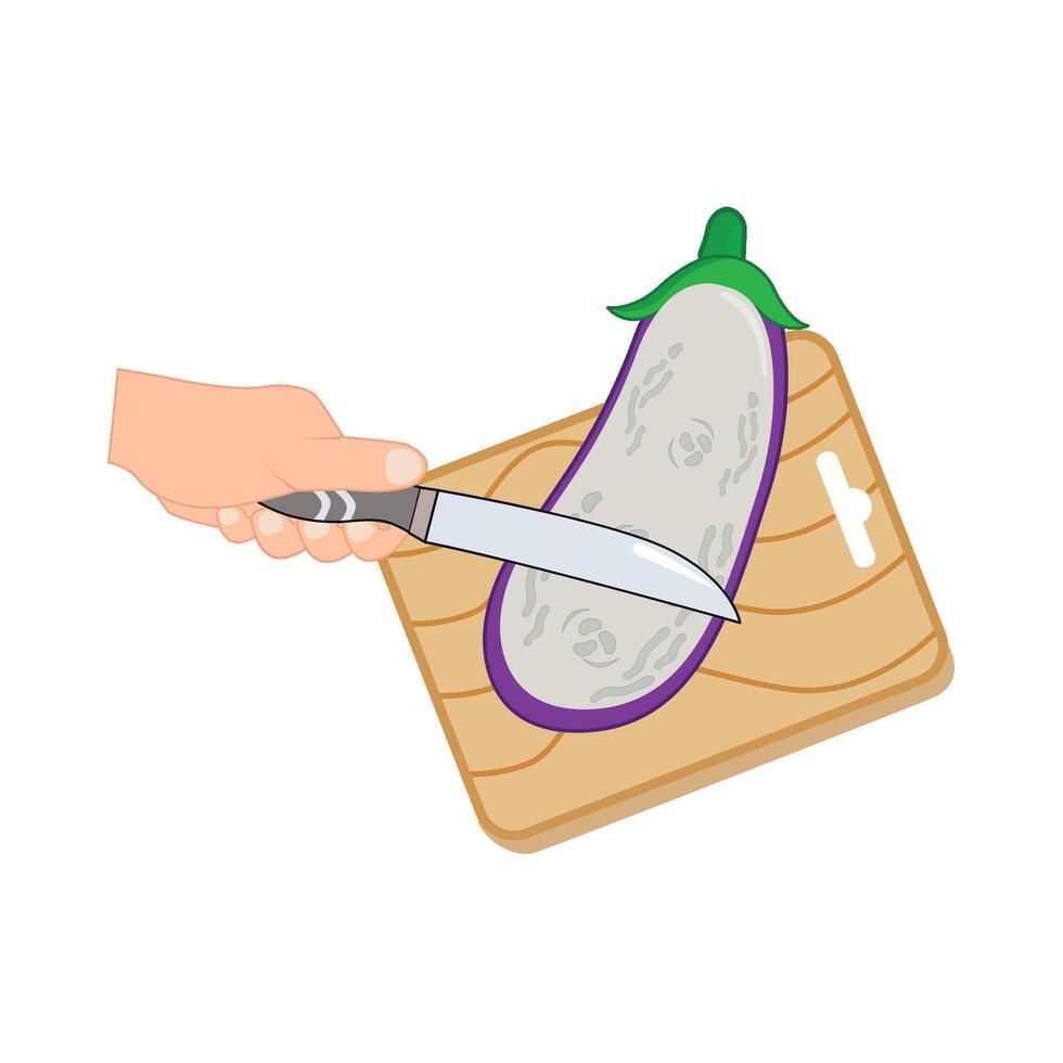 knife in hand slice slice eggplant with in cutting board illustration vector