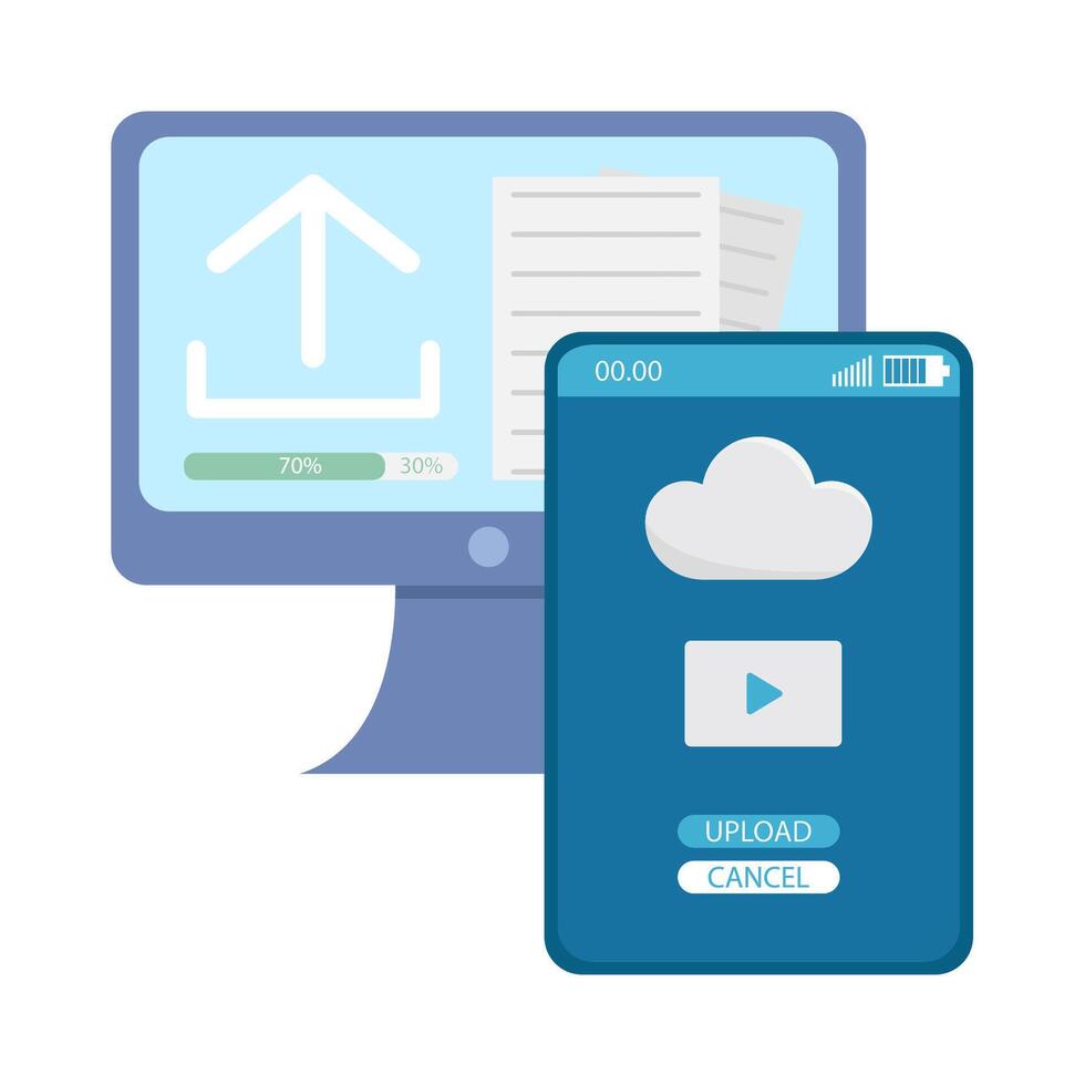 subir archivo en computadora con subir vídeo en móvil teléfono ilustración vector