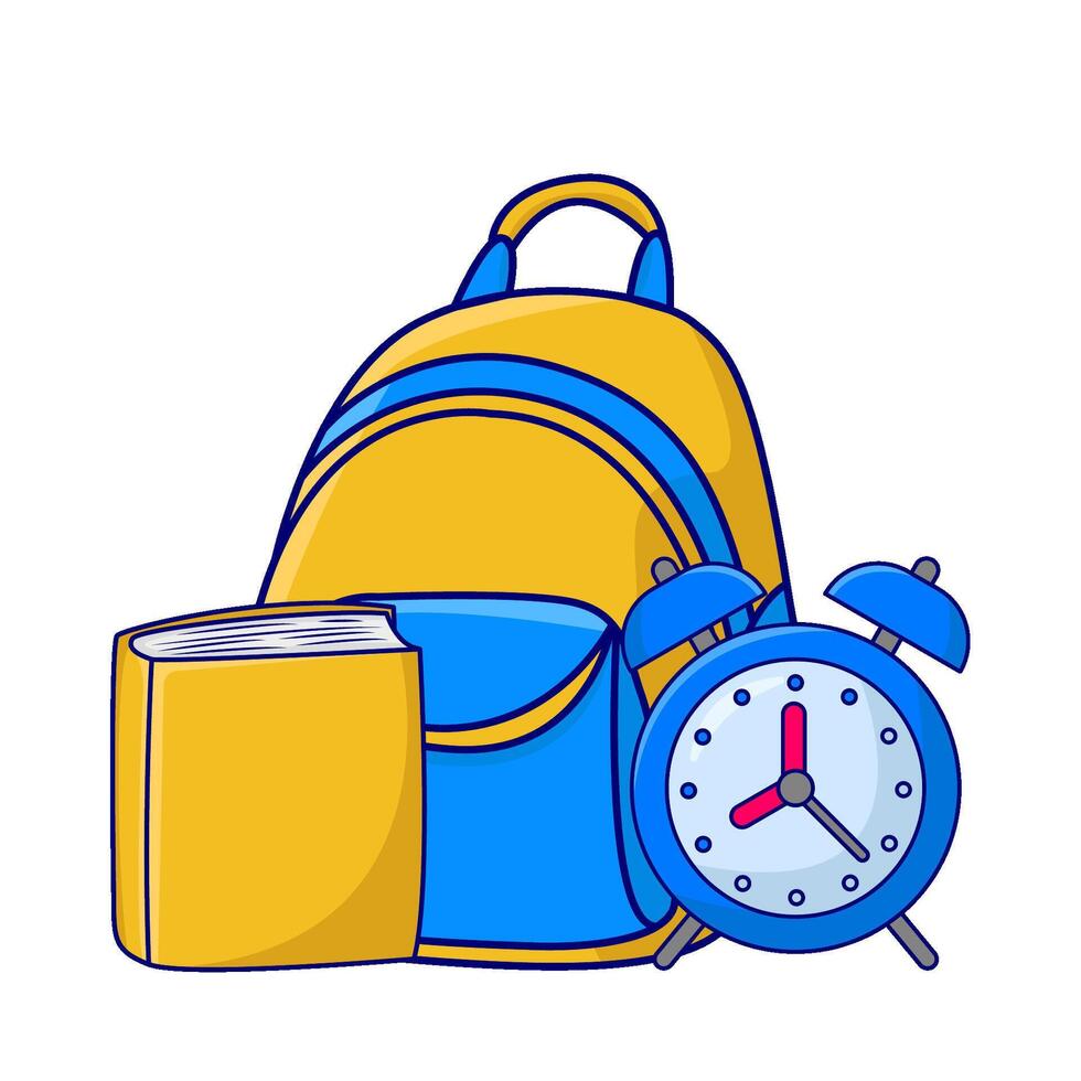 mochila, libro con alarma reloj hora ilustración vector