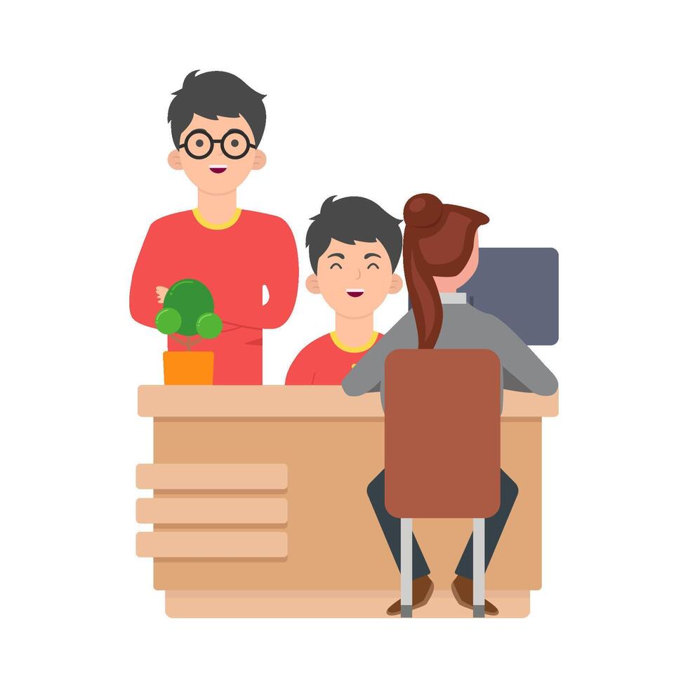 front desk man with women serve customers illustration vector