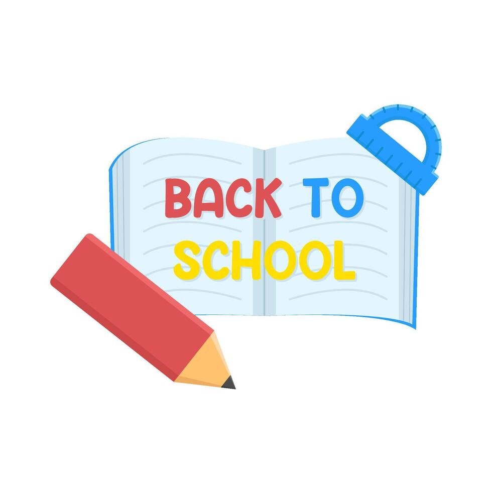 back to school text  in book, arc ruler with pencil illustration vector