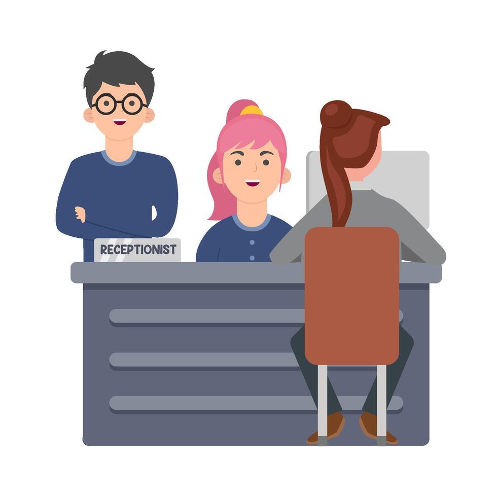 front desk man with women serve customers illustration vector