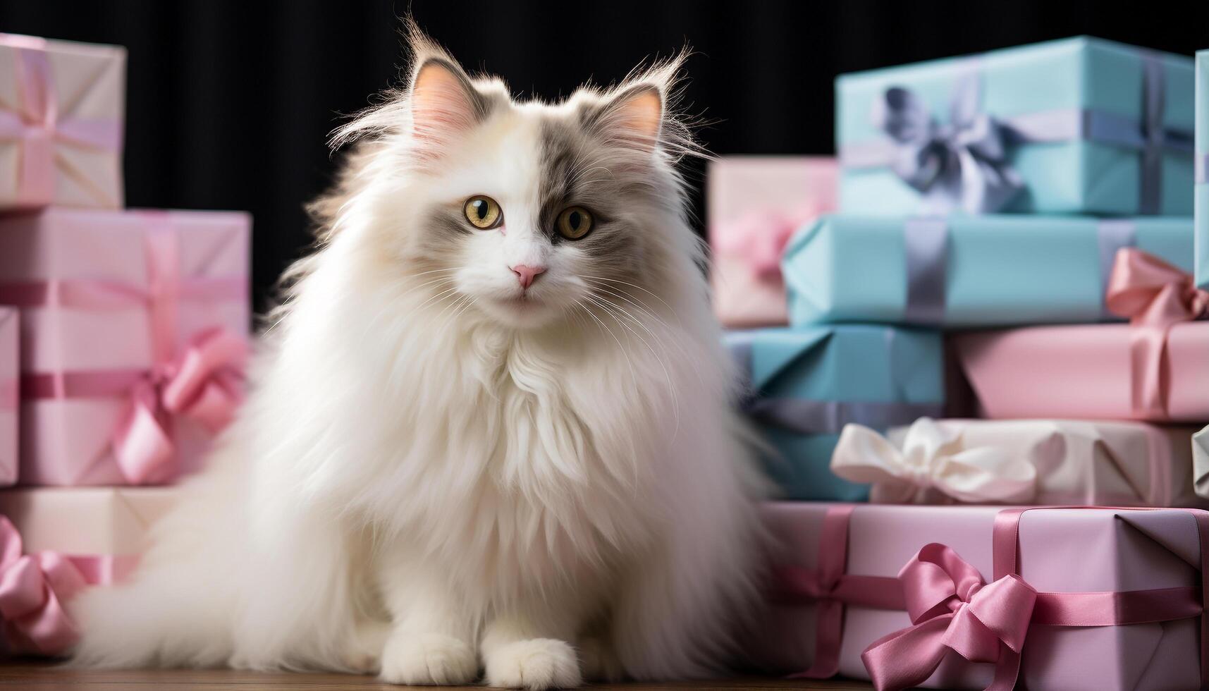 AI generated Cute kitten sitting, looking at camera, wrapped in gift box generated by AI photo