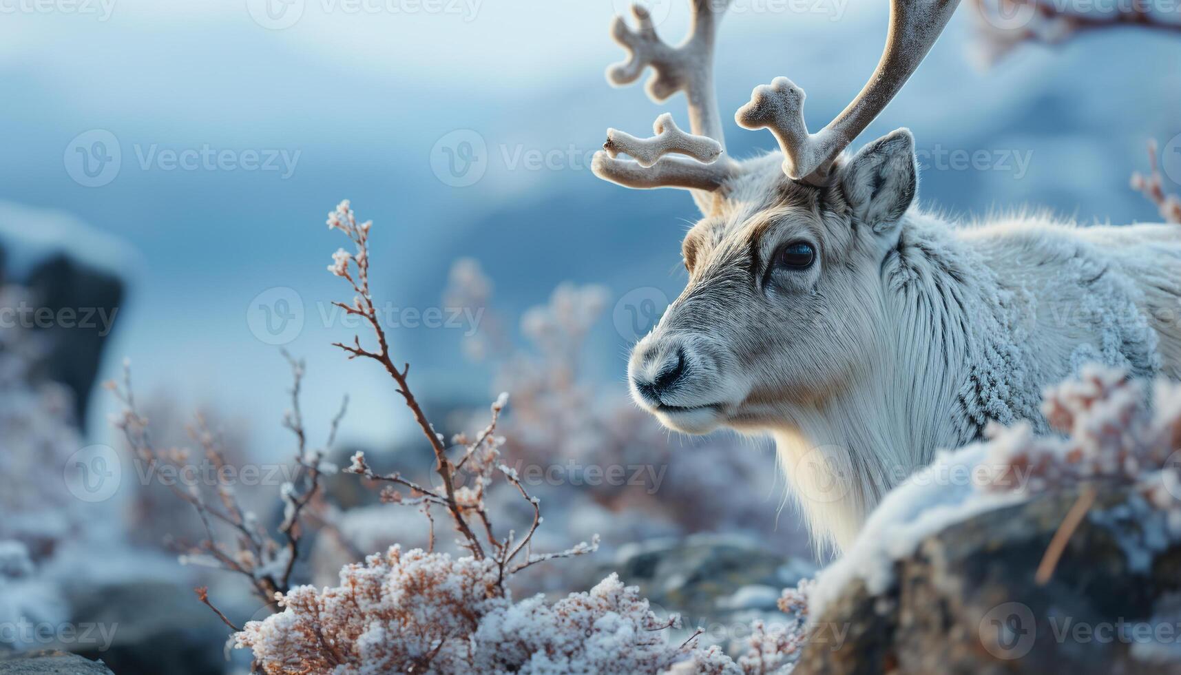 ai generado un linda ciervo en invierno, mirando a el Nevado paisaje generado por ai foto