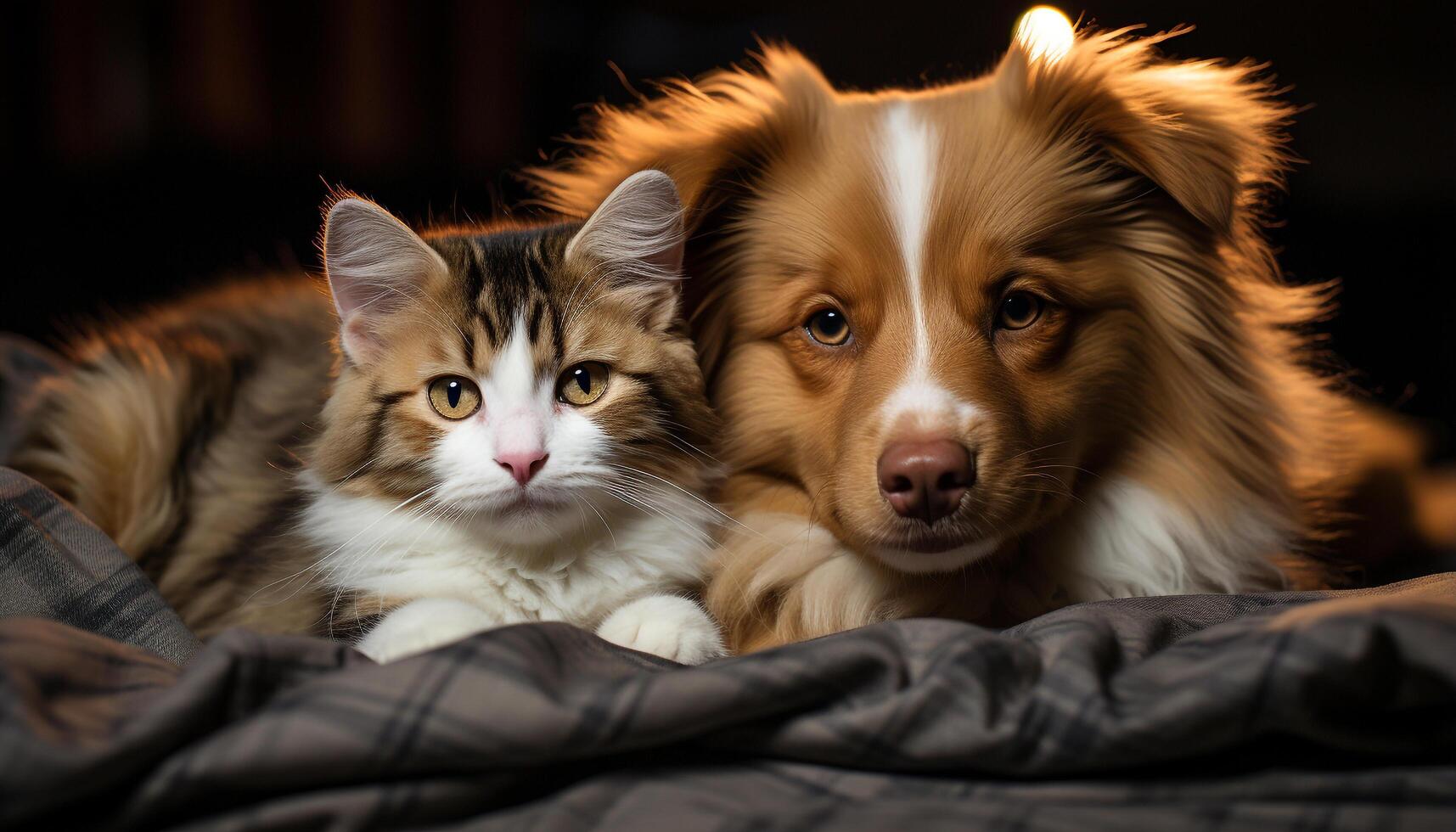 ai generado linda perrito y gatito sentado juntos, mirando a cámara generado por ai foto