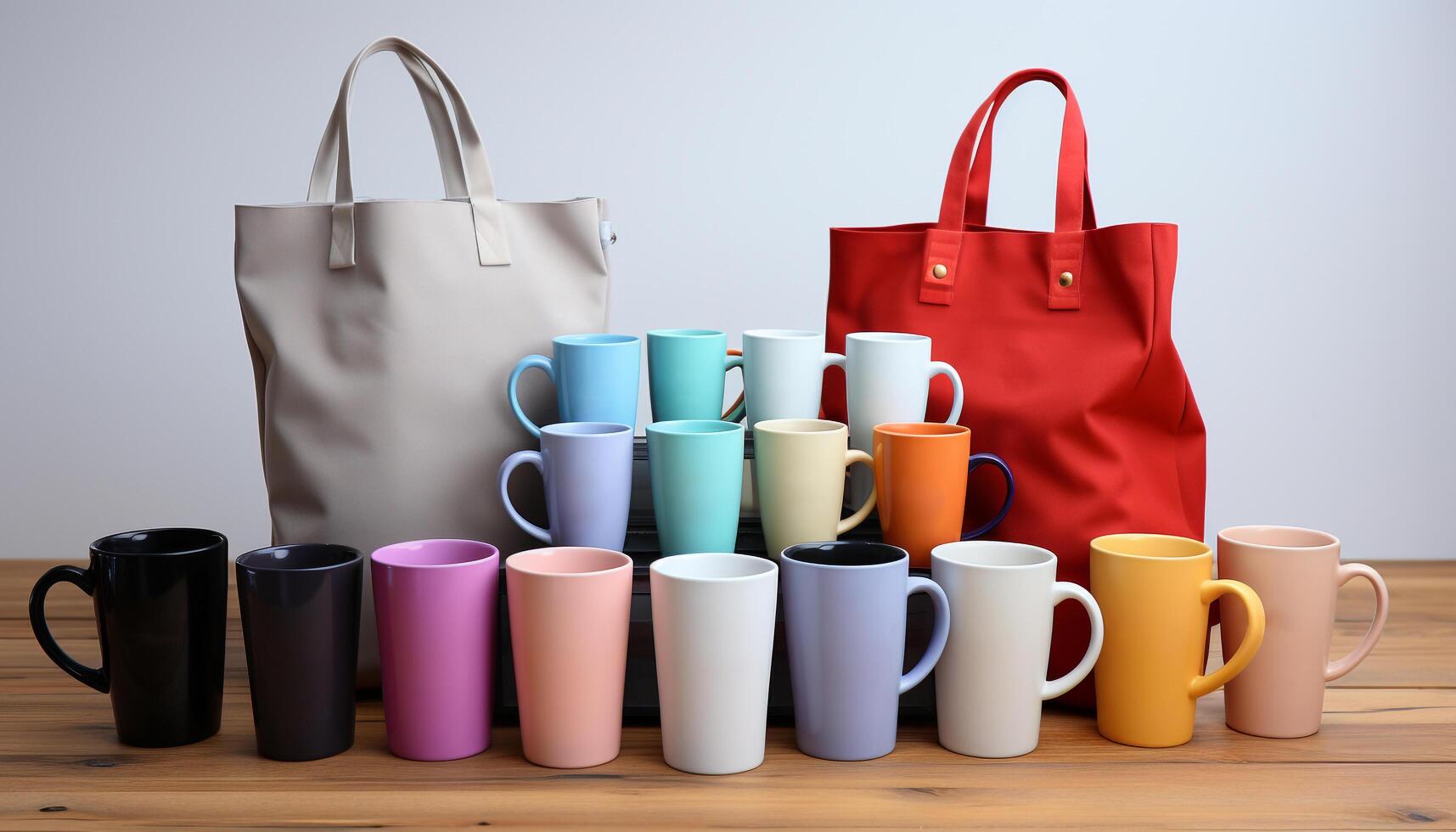 AI generated A colorful collection of bags on a wooden table generated by AI photo