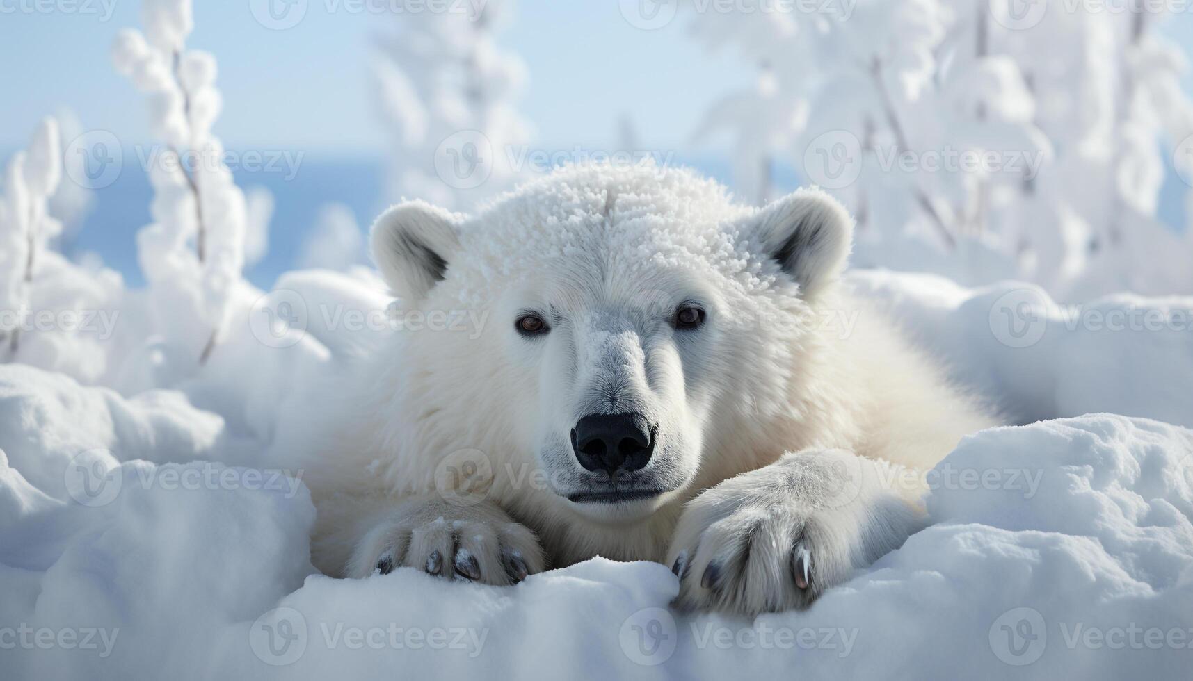 ai generado linda Samoyedo perrito jugando en Nevado bosque, puro blanco piel generado por ai foto