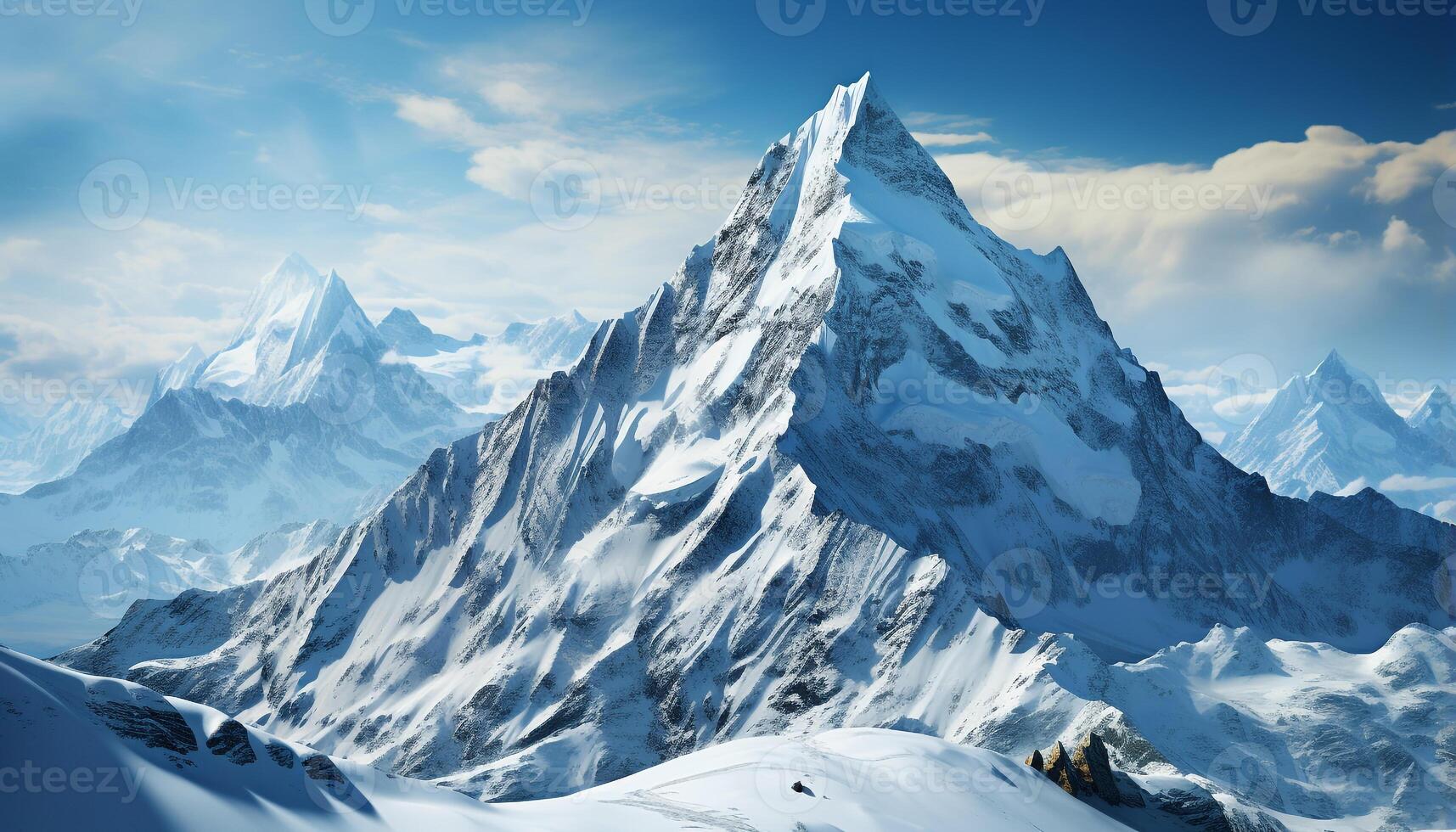 AI generated Majestic mountain range, snowcapped peaks, tranquil forest, idyllic winter generated by AI photo