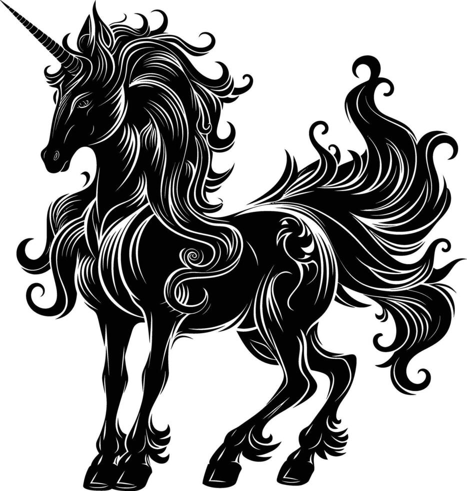 AI generated Silhouette Pegasus Horse or Kirin the Mythical Creature black color only vector