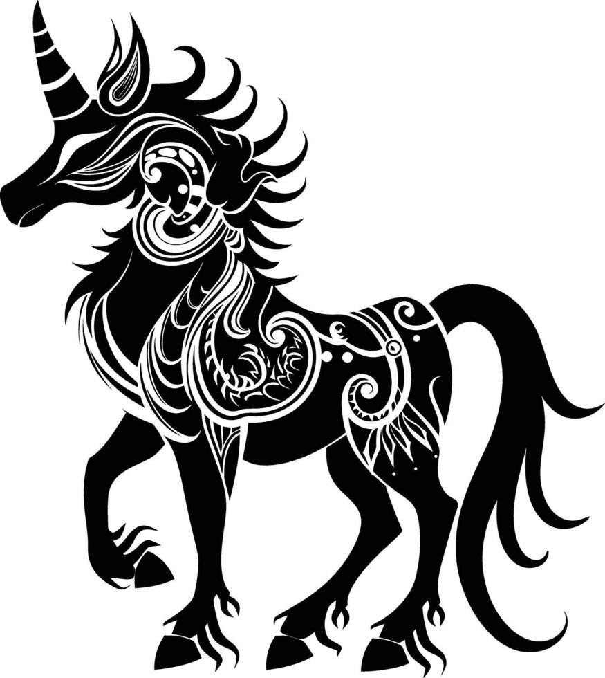 AI generated Silhouette Pegasus Horse or Kirin the Mythical Creature black color only vector