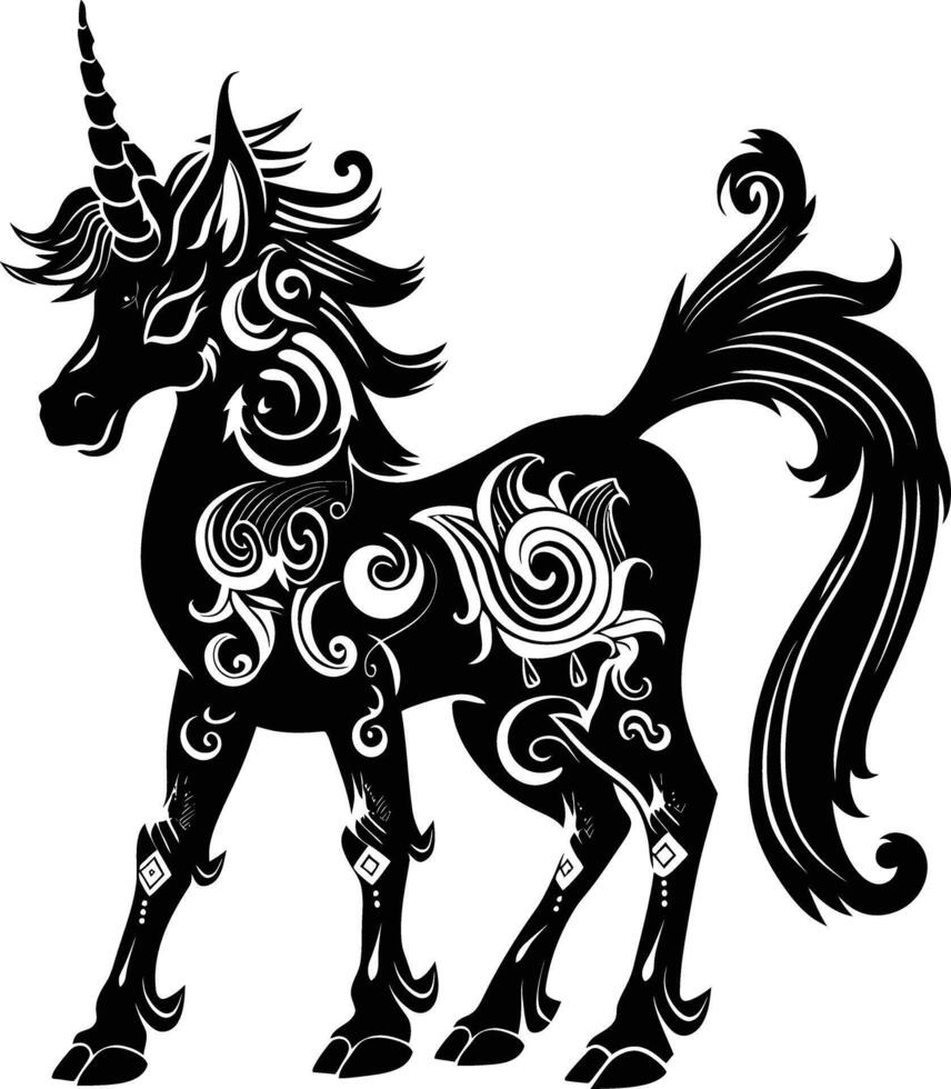 AI generated Silhouette Pegasus Horse or Kirin the Mythical Creature black color only vector