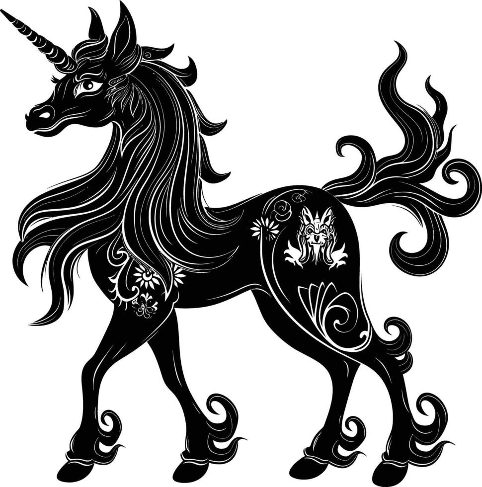 AI generated Silhouette Pegasus Horse or Kirin the Mythical Creature black color only vector