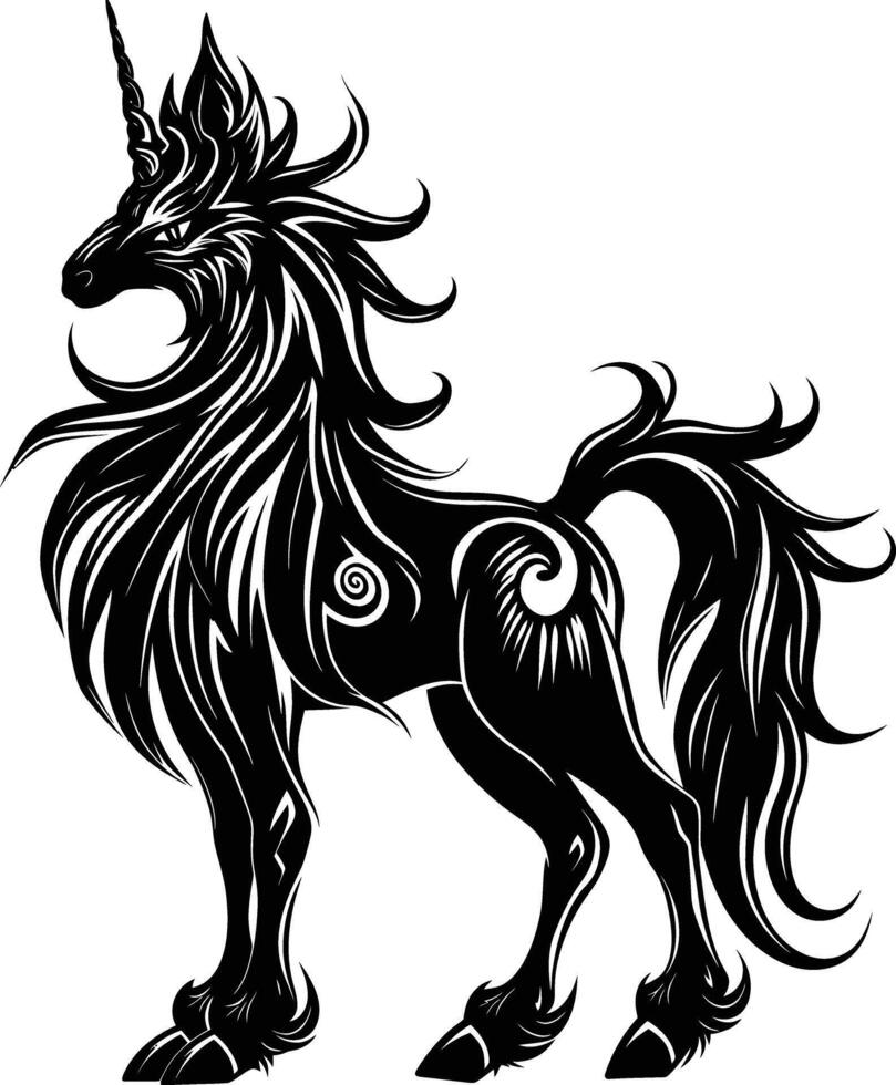 AI generated Silhouette Pegasus Horse or Kirin the Mythical Creature black color only vector