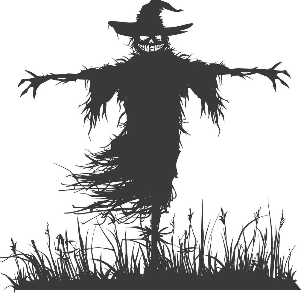 AI generated Silhouette Scarecrow Scary Spooky black color only full body vector