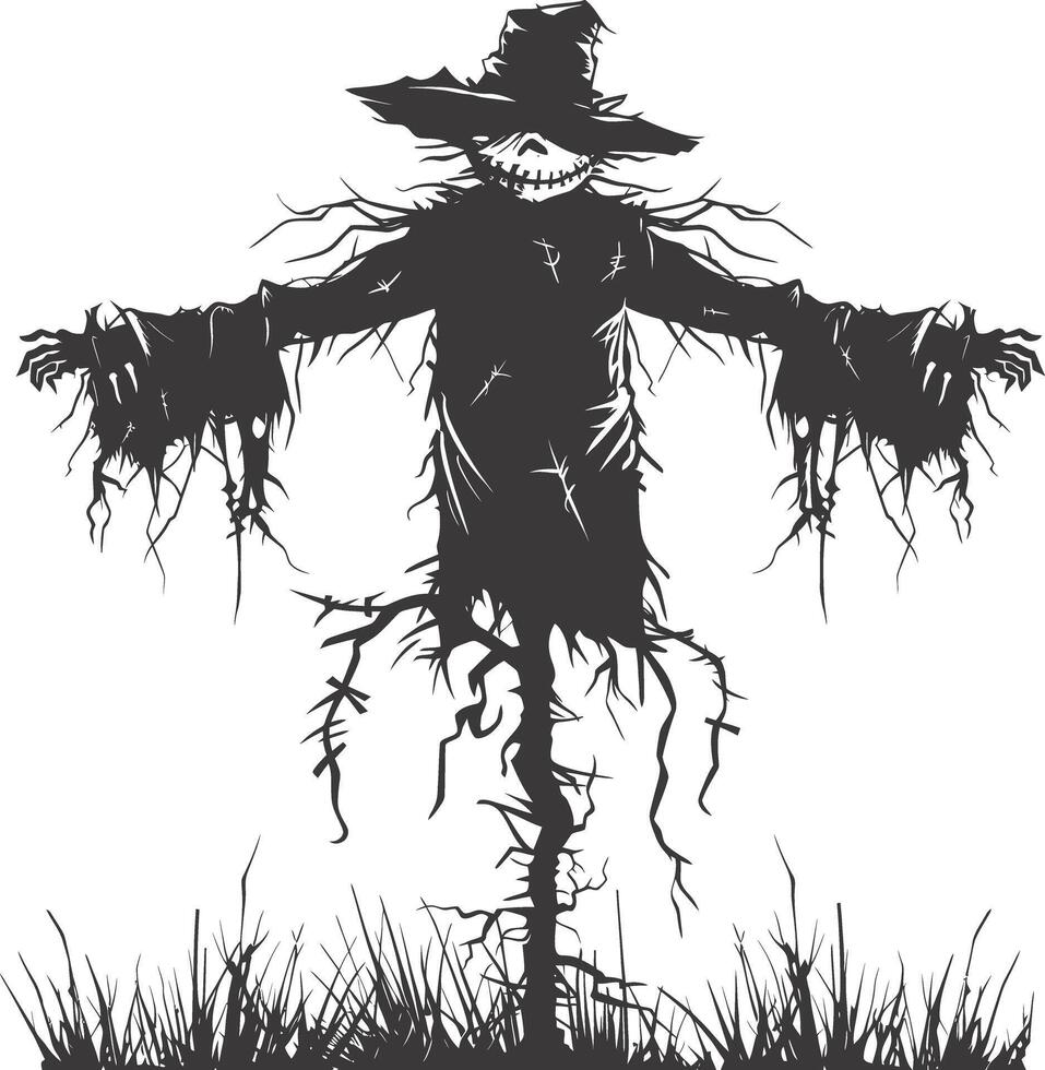 AI generated Silhouette Scarecrow Scary Spooky black color only full body vector