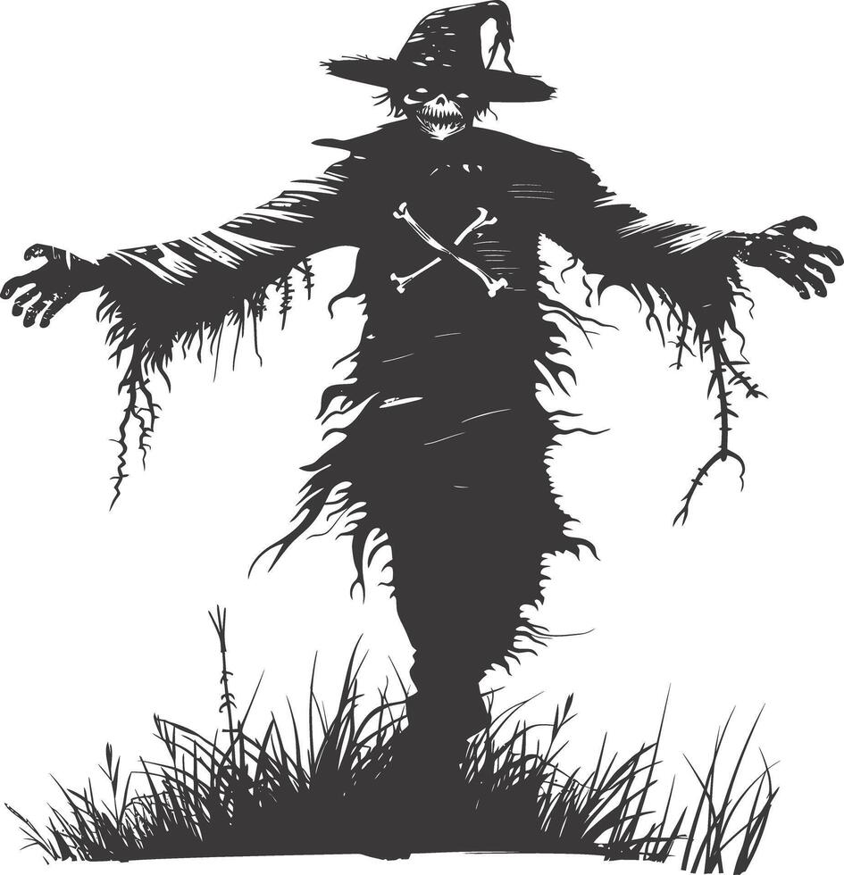 AI generated Silhouette Scarecrow Scary Spooky black color only full body vector