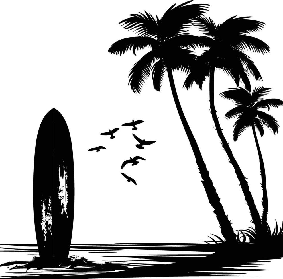 AI generated Silhouette surfing board on the beach black color only vector