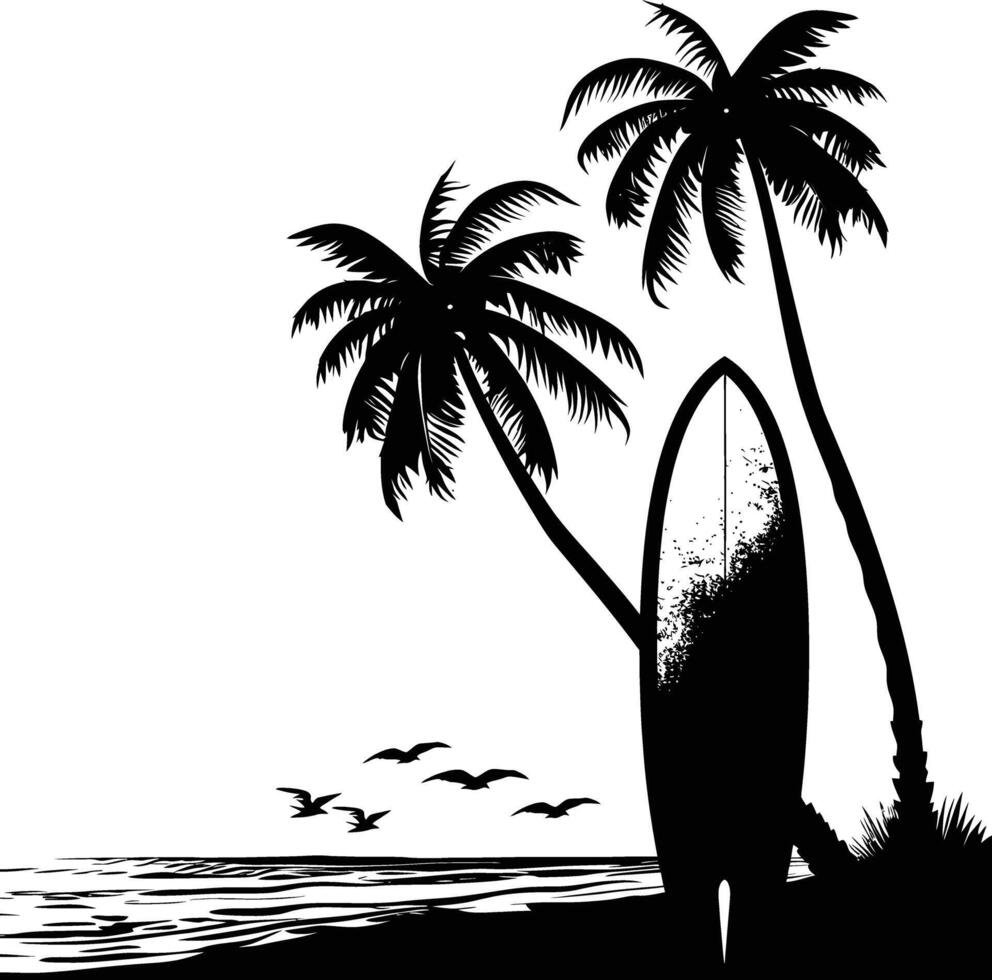 ai generado silueta surf tablero en el playa negro color solamente vector