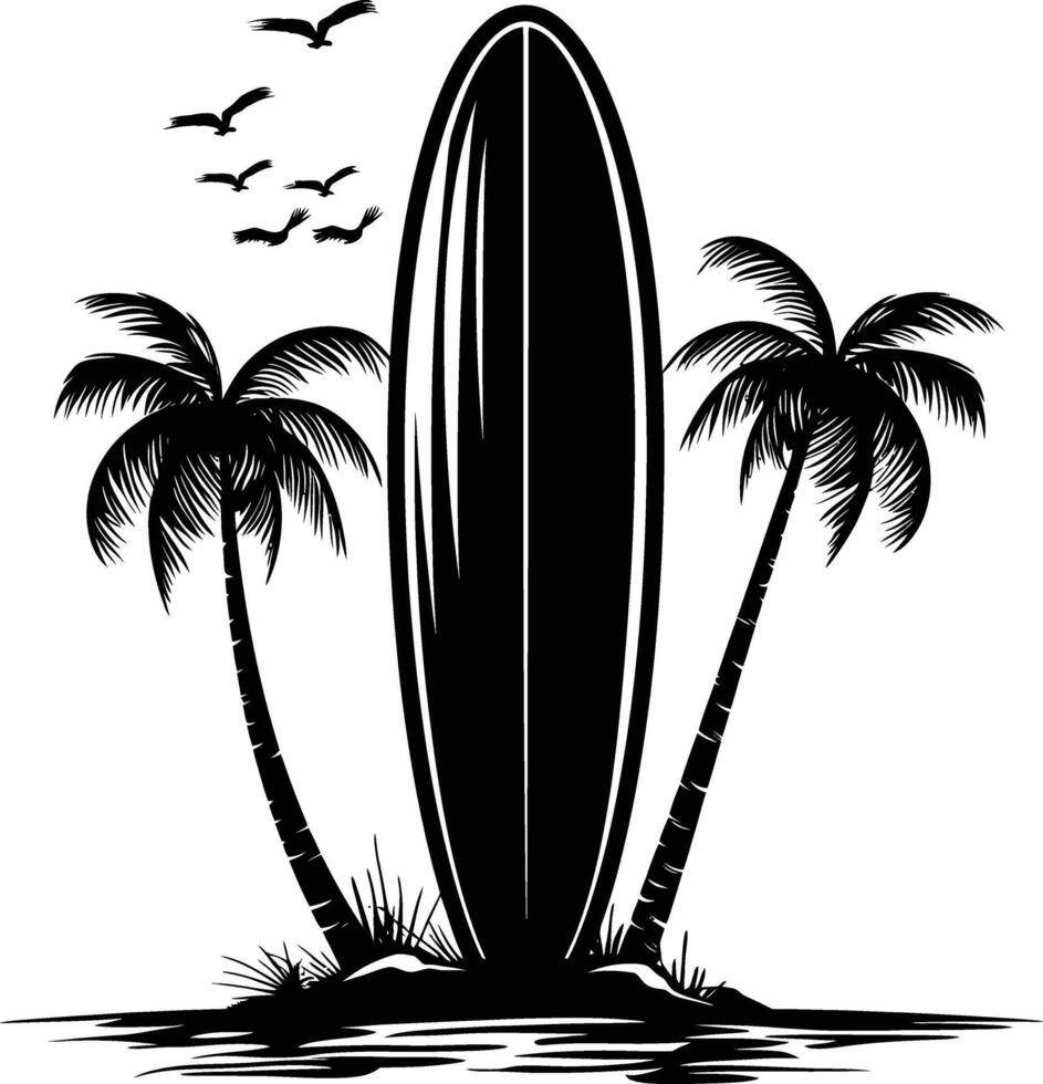 AI generated Silhouette surfing board on the beach black color only vector