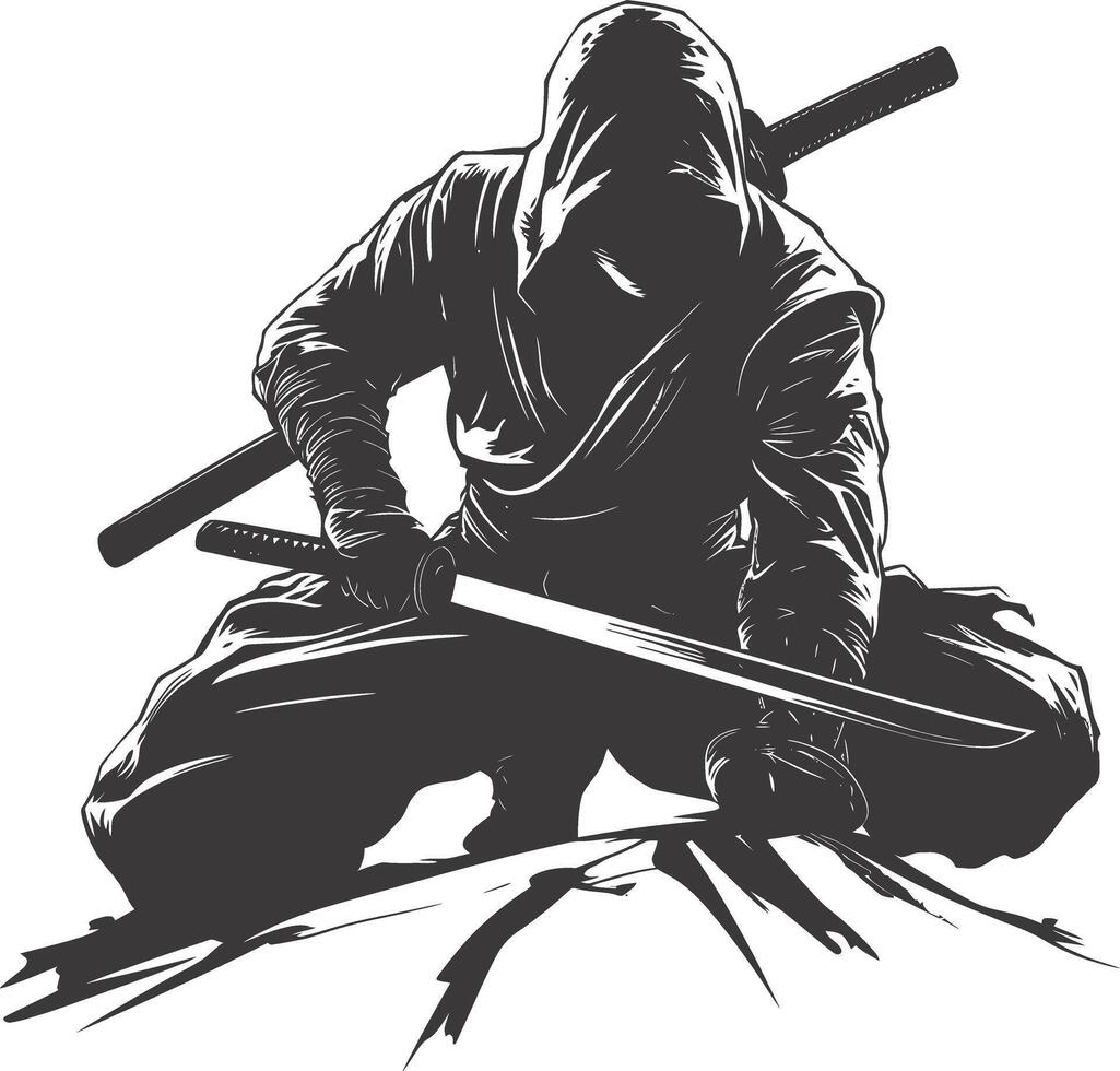 AI generated silhouette ninja assassin black color only full body vector