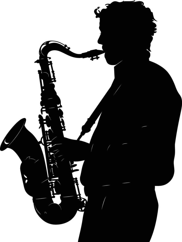 AI generated silhouette saxophonist in perform black color only vector