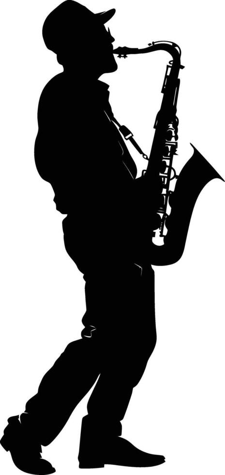 AI generated silhouette saxophonist in perform black color only vector