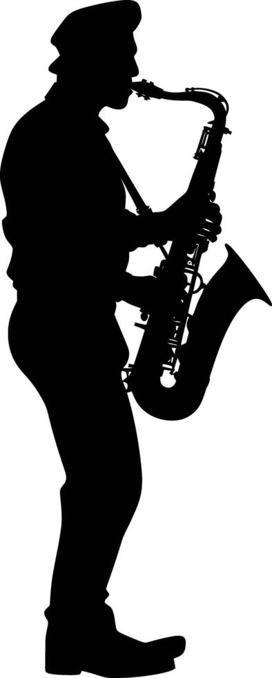 AI generated silhouette saxophonist in perform black color only vector