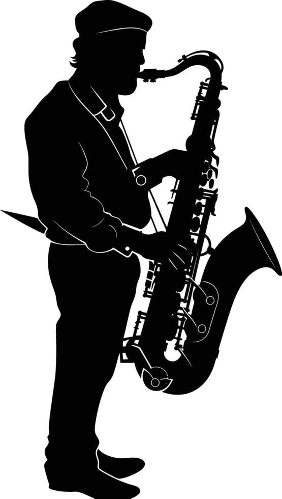 AI generated silhouette saxophonist in perform black color only vector