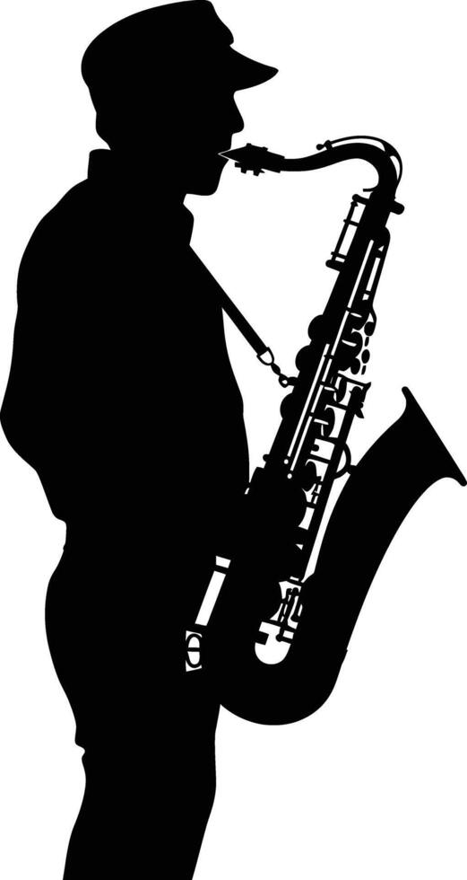 AI generated silhouette saxophonist in perform black color only vector