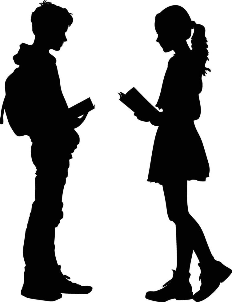 AI generated Silhouette teenager girl and boy reading book together black color only vector