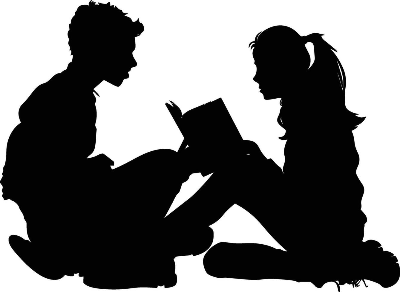 ai generado silueta adolescente niña y chico leyendo libro juntos negro color solamente vector