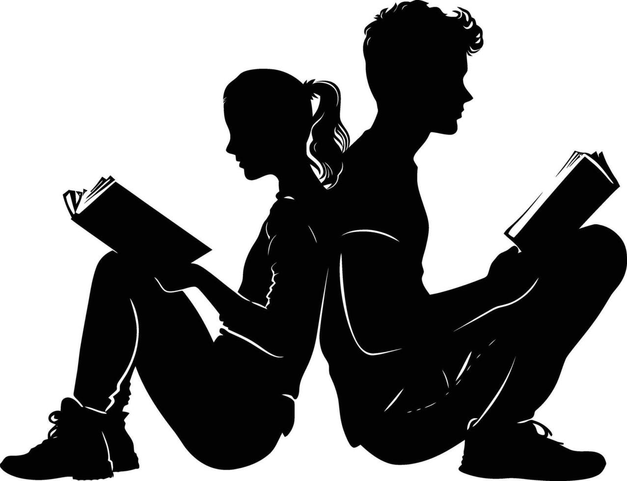 AI generated Silhouette teenager girl and boy reading book together black color only vector