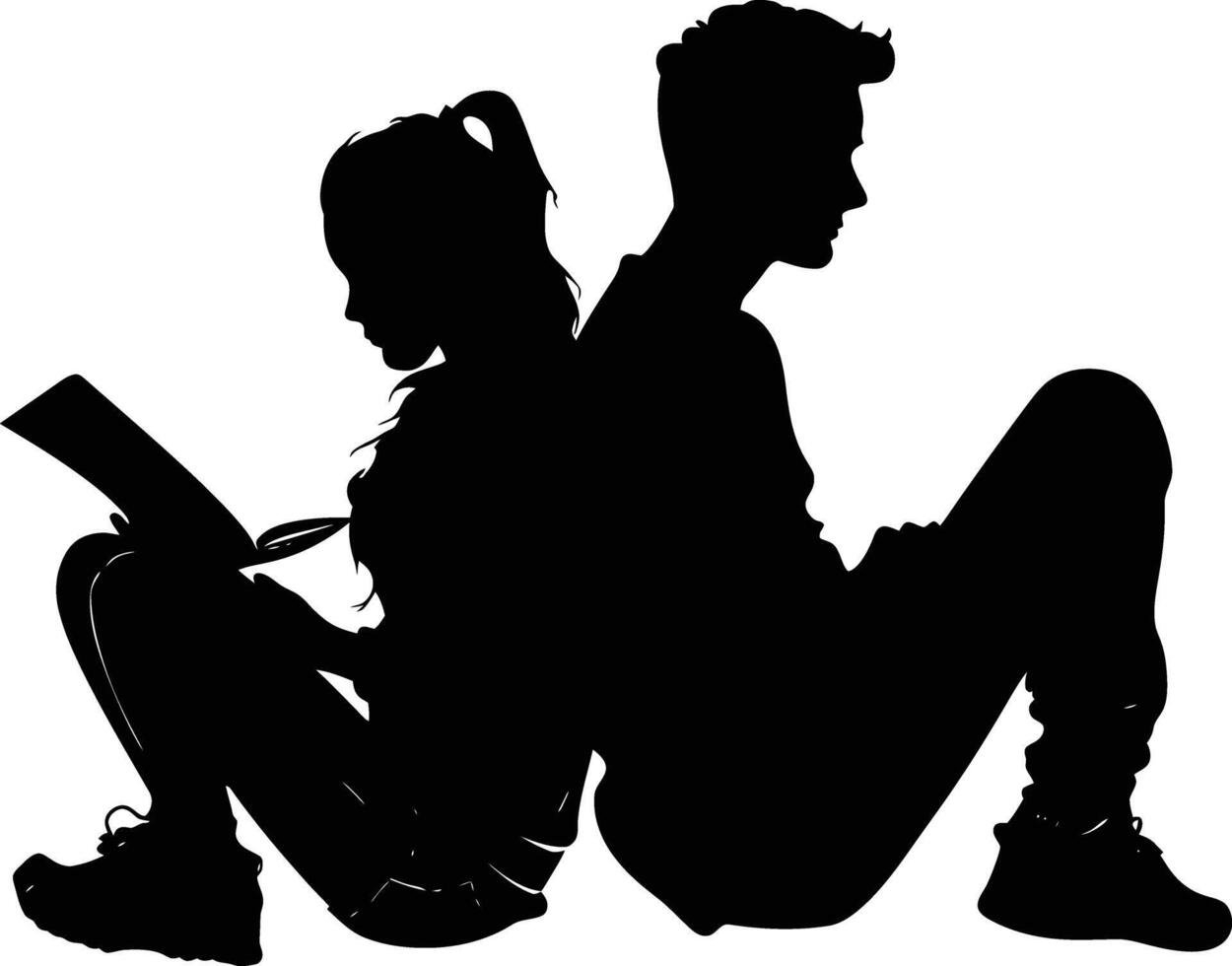AI generated Silhouette teenager girl and boy reading book together black color only vector