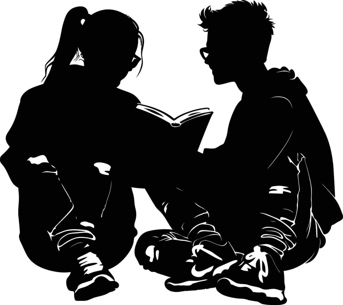 AI generated Silhouette teenager girl and boy reading book together black color only vector