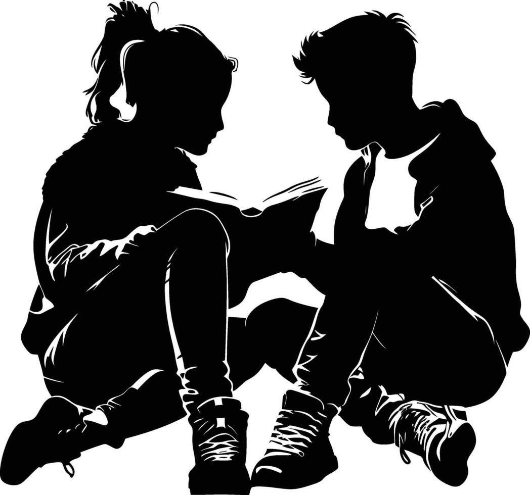 AI generated Silhouette teenager girl and boy reading book together black color only vector