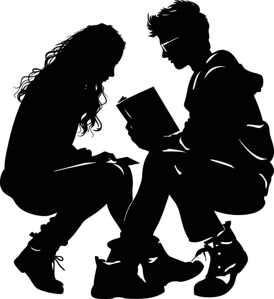 AI generated Silhouette teenager girl and boy reading book together black color only vector