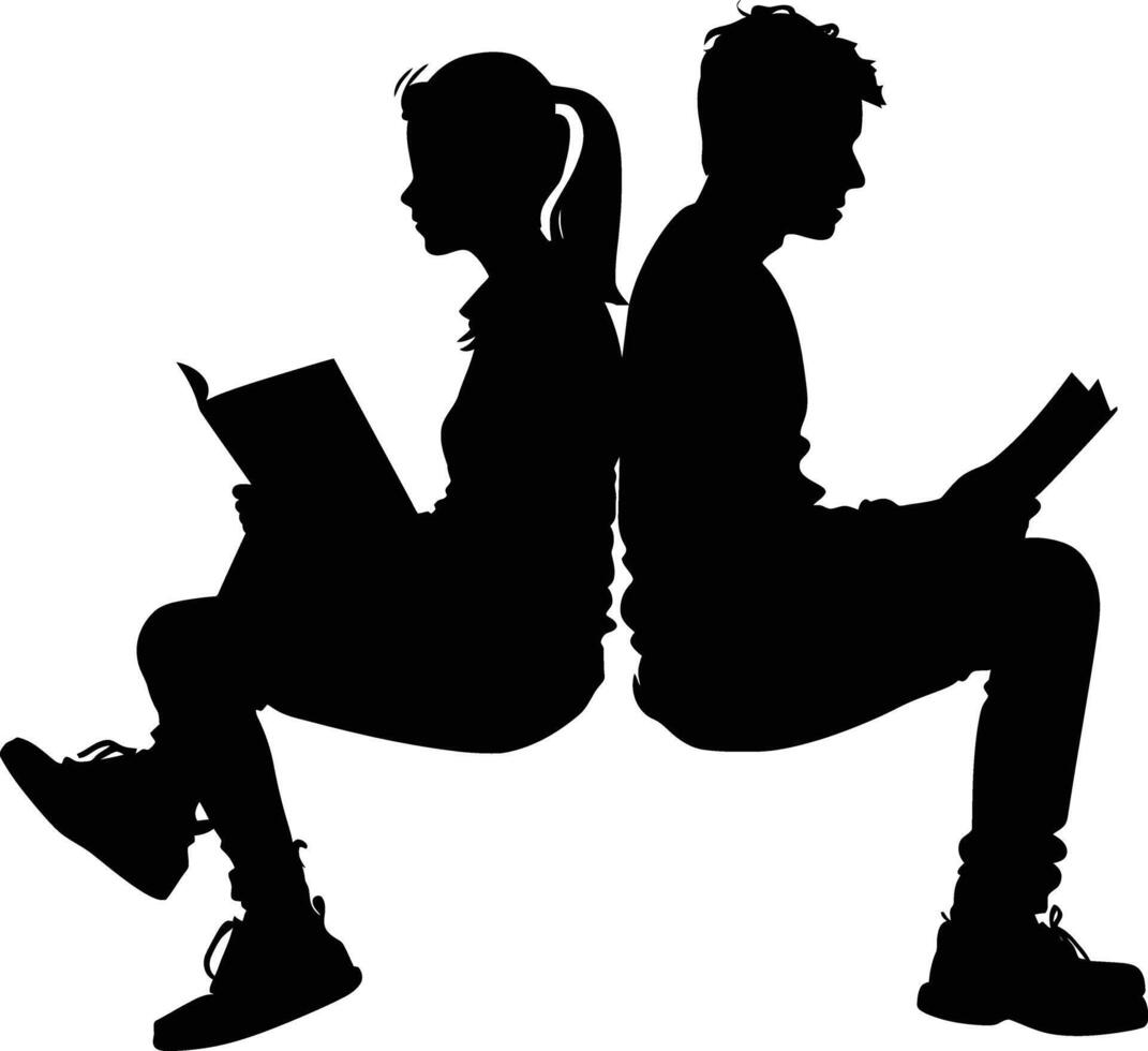 AI generated Silhouette teenager girl and boy reading book together black color only vector