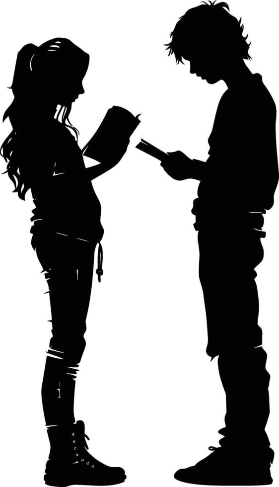 AI generated Silhouette teenager girl and boy reading book together black color only vector