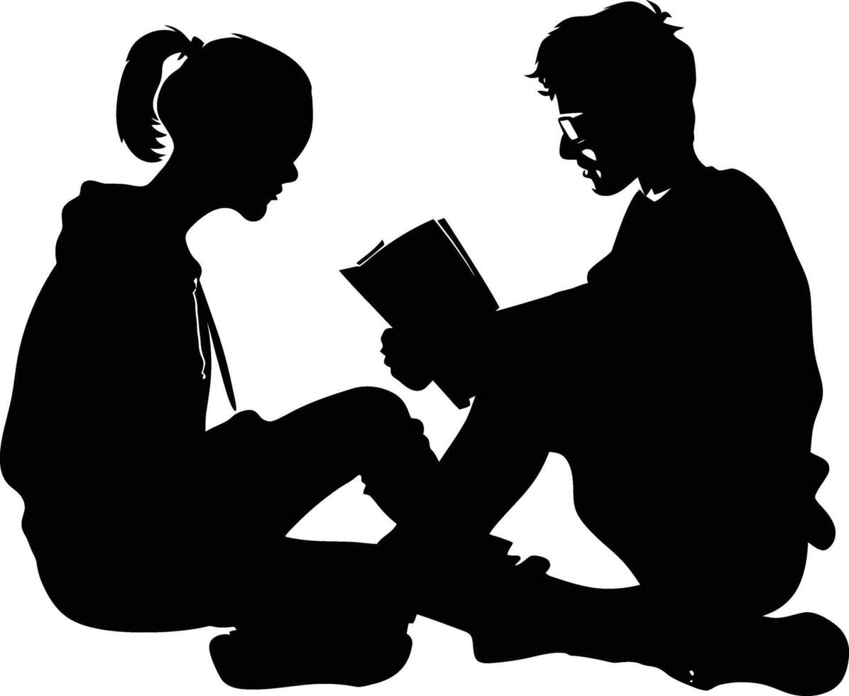 ai generado silueta adolescente niña y chico leyendo libro juntos negro color solamente vector