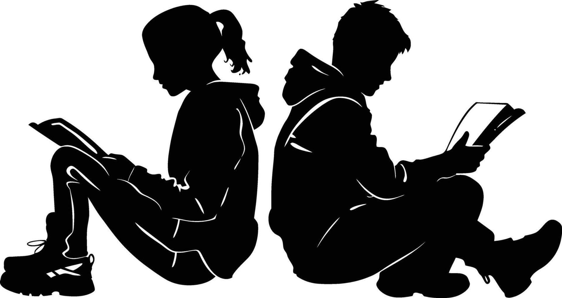 AI generated Silhouette teenager girl and boy reading book together black color only vector