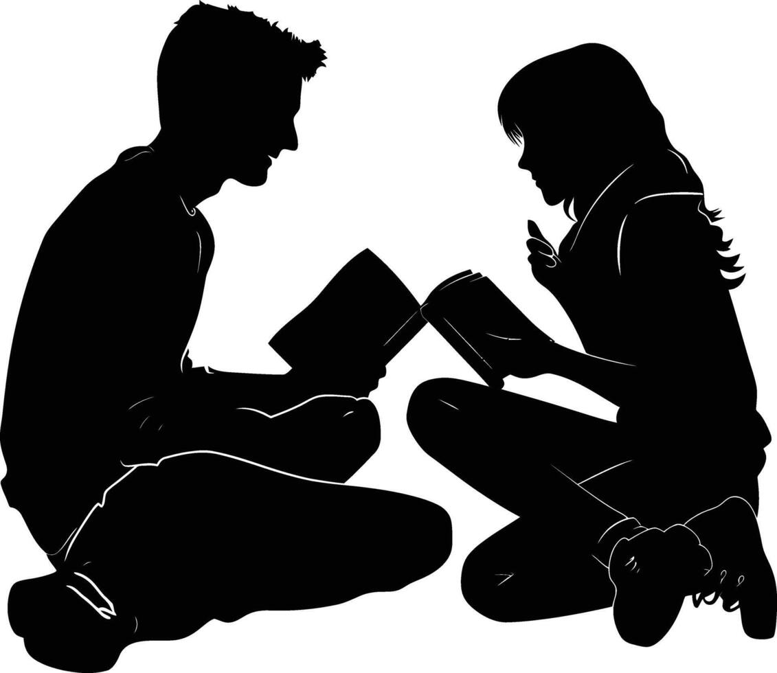 ai generado silueta adolescente niña y chico leyendo libro juntos negro color solamente vector