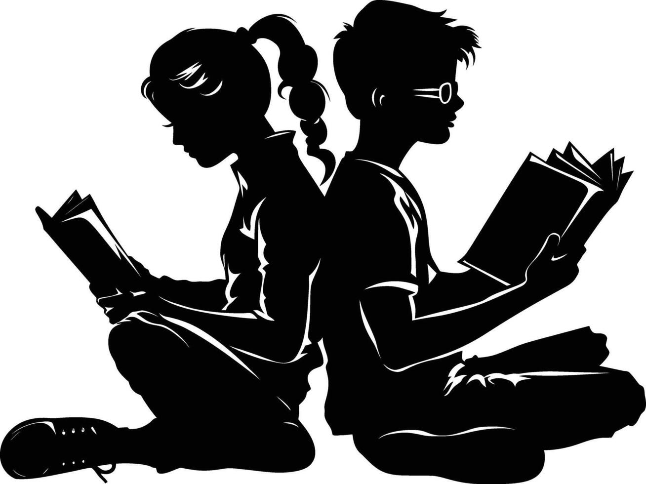 ai generado silueta adolescente niña y chico leyendo libro juntos negro color solamente vector