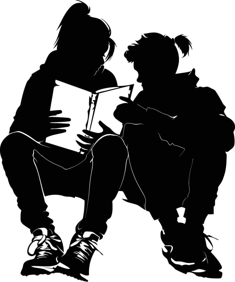 AI generated Silhouette teenager girl and boy reading book together black color only vector