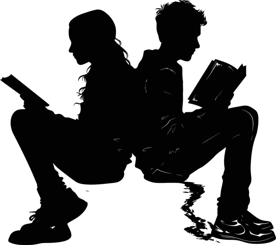 AI generated Silhouette teenager girl and boy reading book together black color only vector