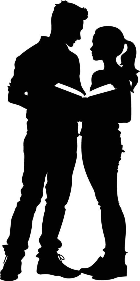 AI generated Silhouette teenager girl and boy reading book together black color only vector