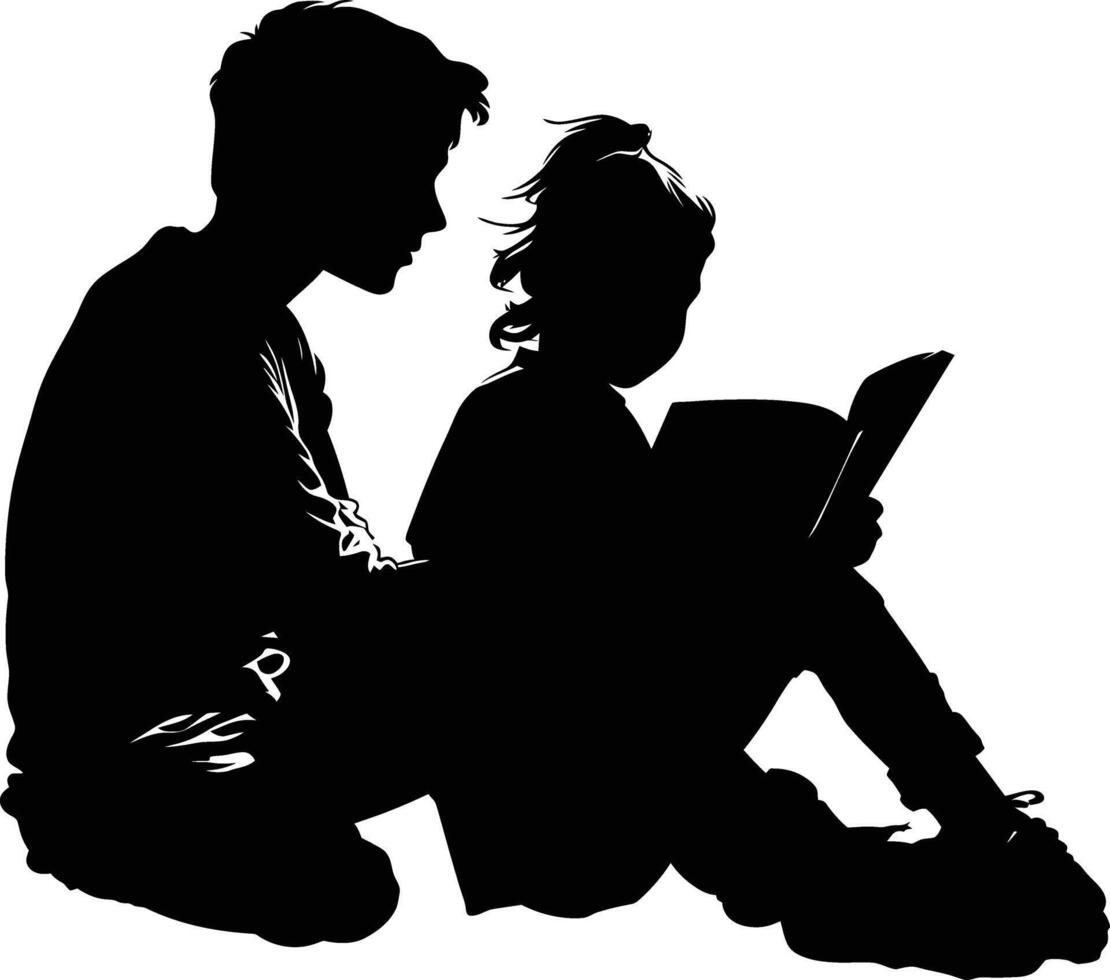 AI generated Silhouette teenager girl and boy reading book together black color only vector