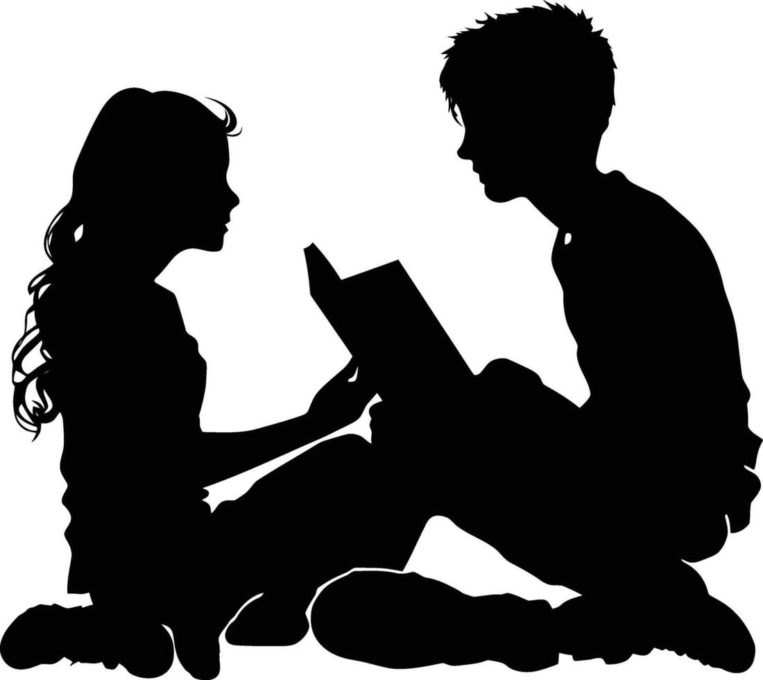 AI generated Silhouette teenager girl and boy reading book together black color only vector