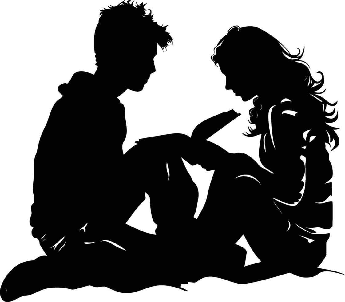 AI generated Silhouette teenager girl and boy reading book together black color only vector