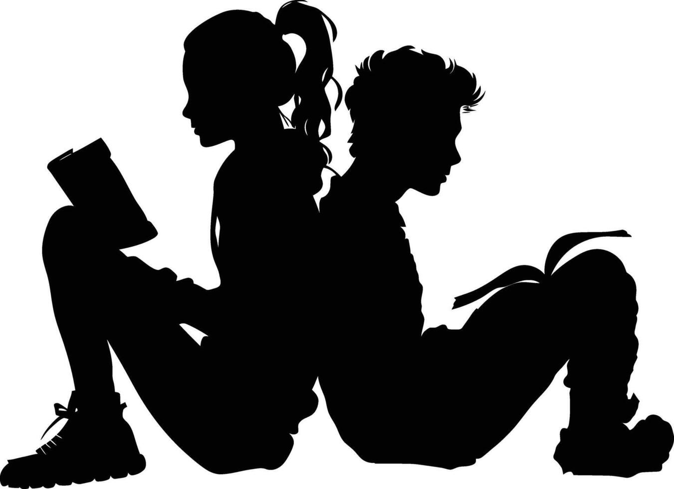 AI generated Silhouette teenager girl and boy reading book together black color only vector