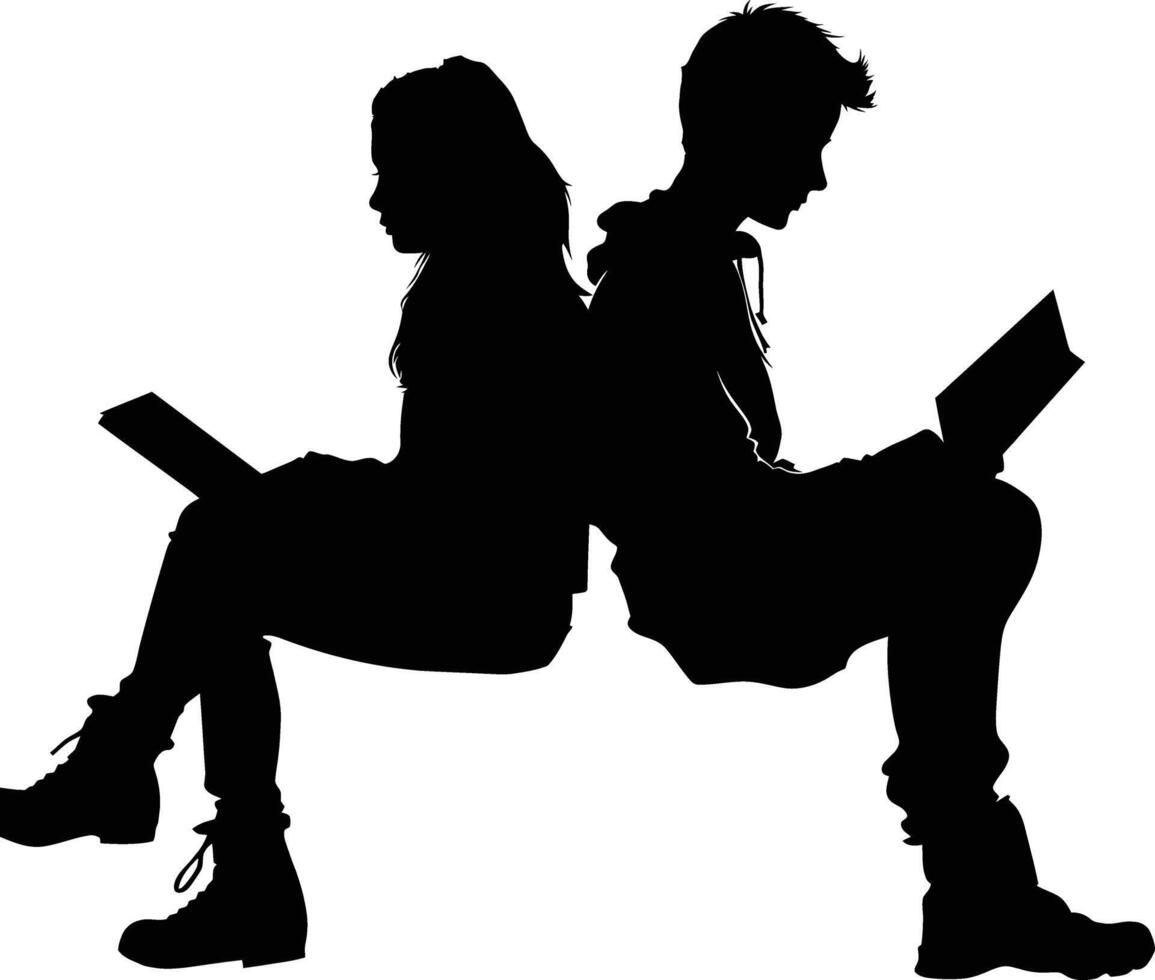 AI generated Silhouette teenager girl and boy reading book together black color only vector